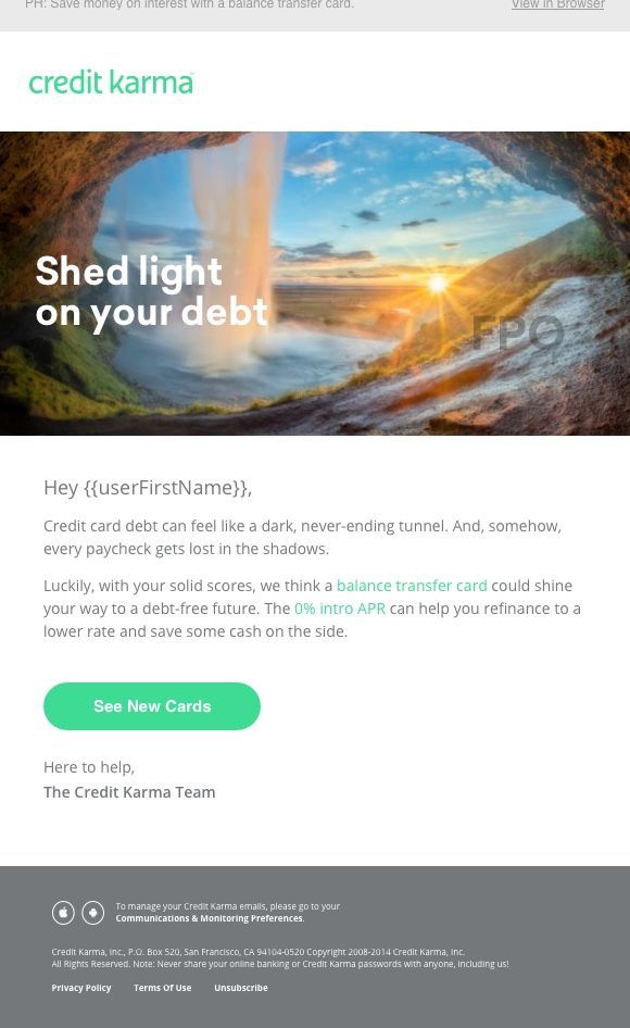 Balance Transfer email with the headline Shed light on your debt