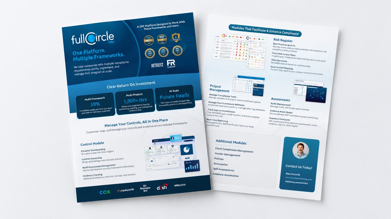 The front and back of the two page fullCircle flyer, printed and angled together on a light surface