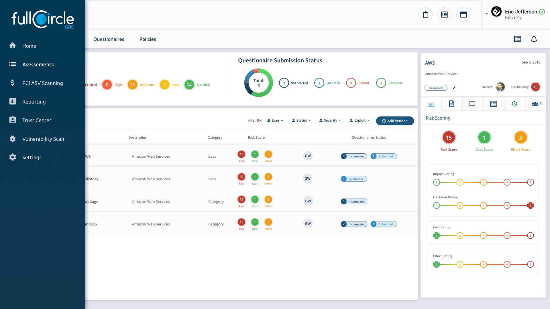 Vendors screen showing questionnaire submission status with a colored dot for each vendor