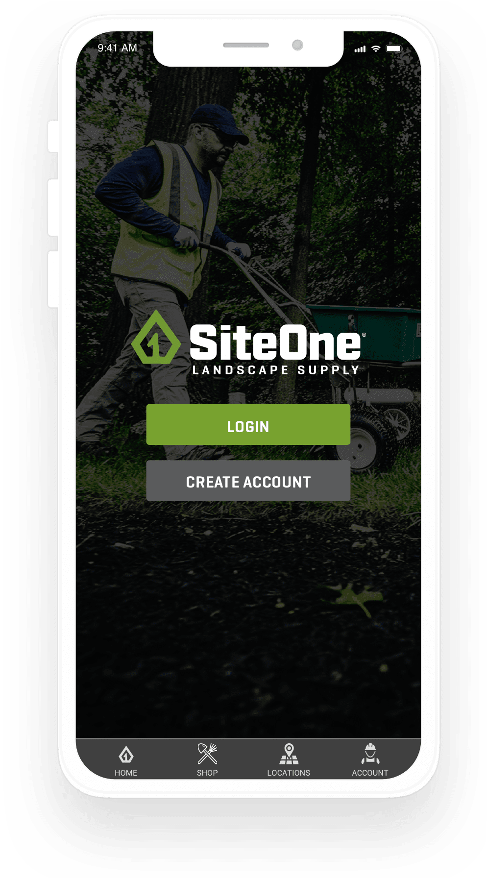 Login screen with a dark photo, the SiteOne logo, a Log In button and a Create Account button